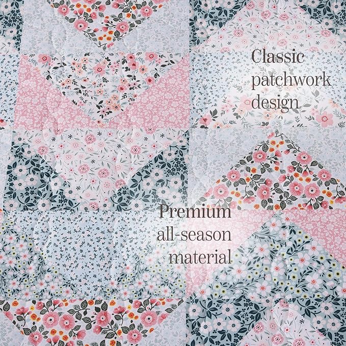 BLOOMHAVEN Quilt Set Queen Size, Patchwork Pink Floral Quilt Sets, Reversible - Image 6