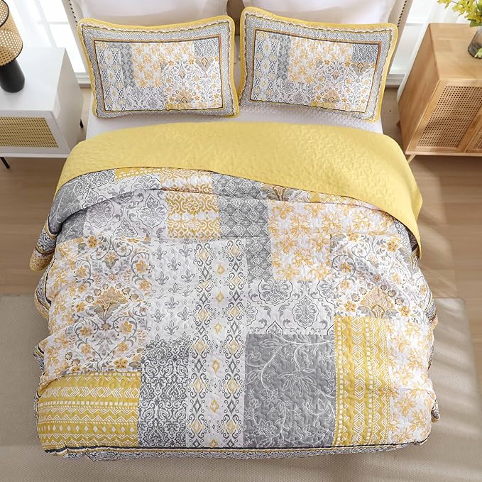 WONGS BEDDING Yellow Quilt Set Queen, Bohemian Patchwork Bedspread Coverlet Set - Image 4
