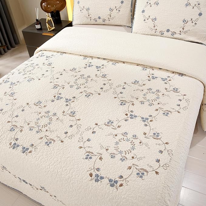 Quilt Set Blue Floral 3D Embroidery Pattern 2 PCS 100% Cotton Reversible by ROOMLIFE