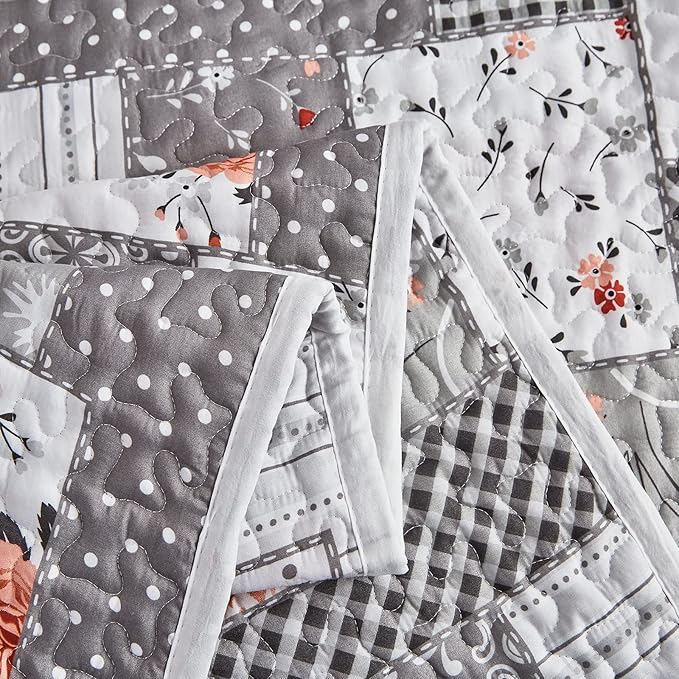 Patchwork Quilt Set Full/Queen Size, 3 Pieces Grey Floral Plaid Summer - Image 5