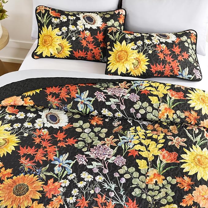 Yiran California King Quilt Set Black, Sunflower Floral Colorful Bedspreads - Image 3