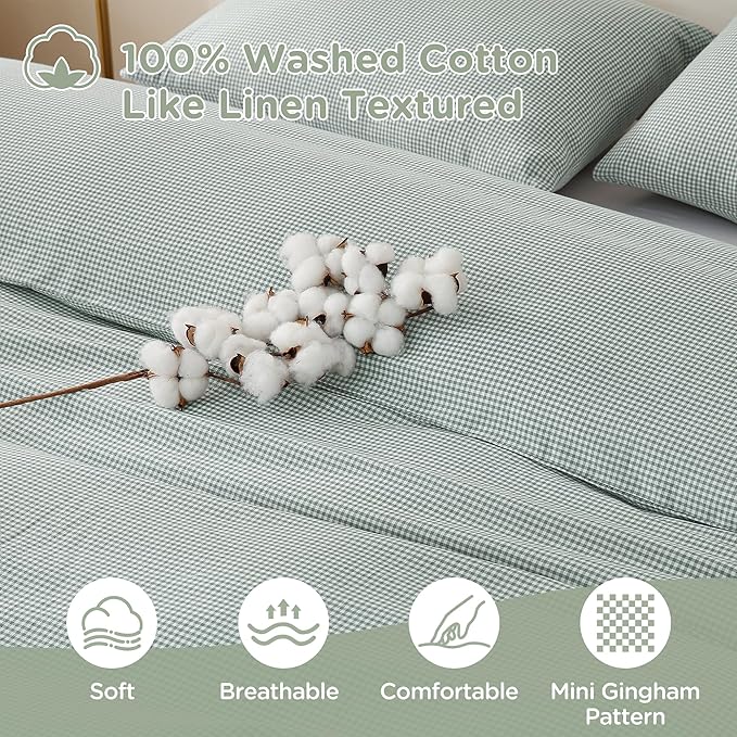 TOCOMOA Mini Gingham Green Duvet Cover Bedding Set 100% Washed Cotton Like - Image 5