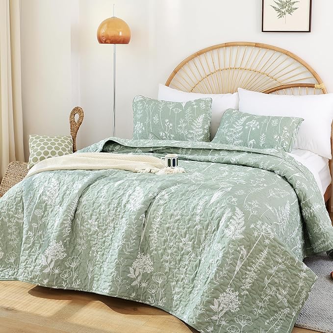 JANZAA Quilt King Size Sage Green Quilt Bed Spread Boho Quilt by JANZAA