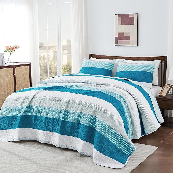 Andency Teal and White Striped Quilt Set Cal King, 3 Pieces Patchwork Bedspread - Image 6