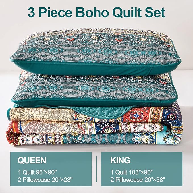 WONGS BEDDING Boho Queen Quilt Set, Lightweight Microfiber Bed Decor Bedspread - Image 6