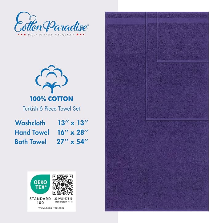 Cotton Paradise 6 Piece Towel Set, 100% Cotton Soft Absorbent Turkish Towels - Image 4