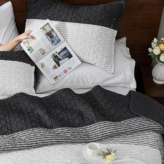 Andency King Size Quilt Set Black and White, 3 Pieces Grey Ultra Soft - Image 4