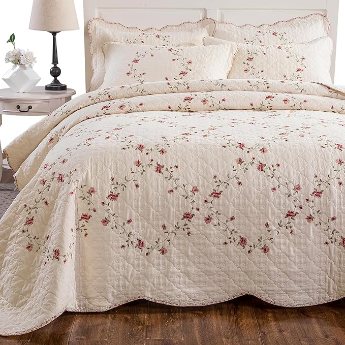 Quilt Set Floral Leaves 3D Embroidery Pattern 3 PCS Cotton Reversible Quilted by ROOMLIFE