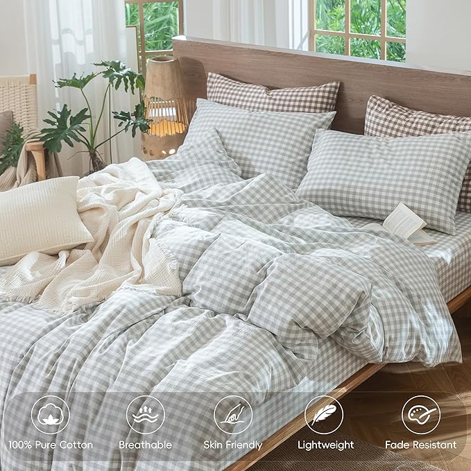 MooMee Gingham Duvet Cover Set 100% Washed Cotton Linen Like Textured - Image 3