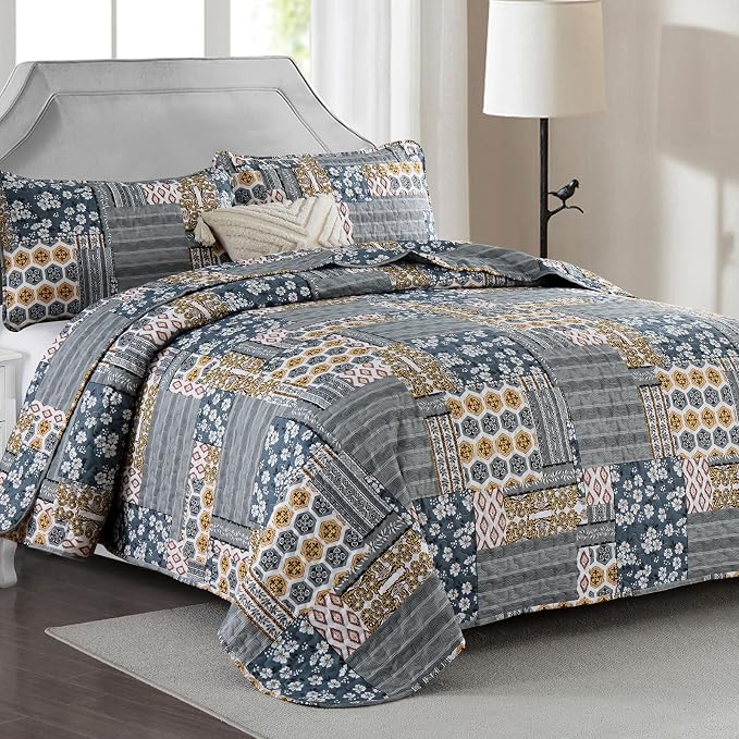 Mybedsoul Dark Grey Quilt Set Queen Size, 3 Pieces Plaid Floral Bedspread Set - Image 2
