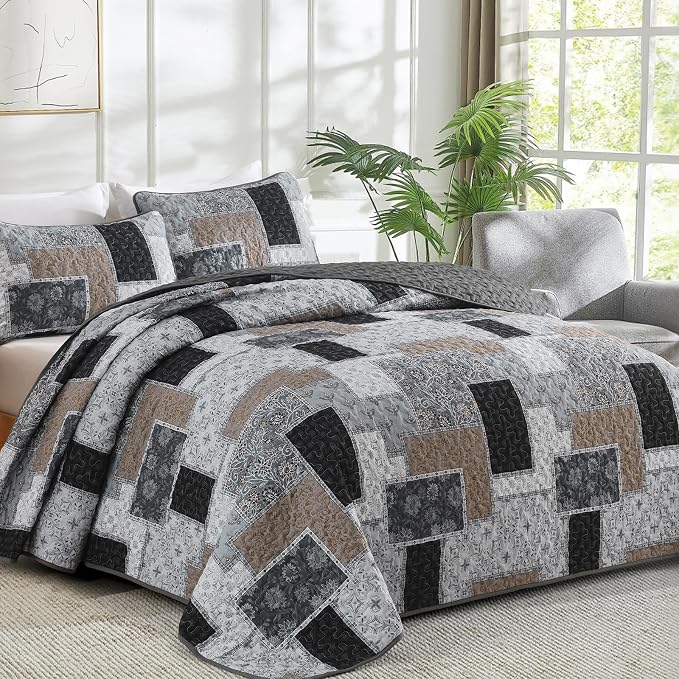 Xruibed Grey Quilt Set Queen Size 3 Pieces Plaid Floral Boho Bedspread Coverlet - Image 2