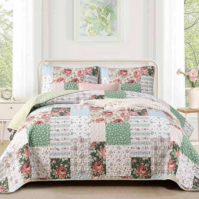 Anibedding Green Patchwork Quilt Set King Size, Bohemian Red Flower Green Plaid by Anibedding