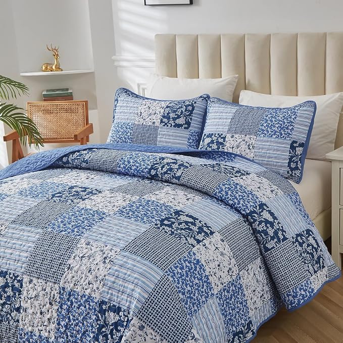 Mybedsoul Blue Quilt Set Full Size, 3 Pieces Plaid Floral Bedspread Set - Image 2