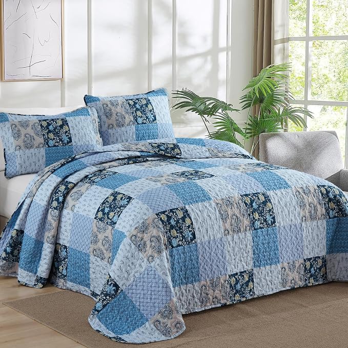 Xruibed Blue Quilt Set Queen Size 3 Pieces Plaid Floral Boho Bedspread Coverlet - Image 2
