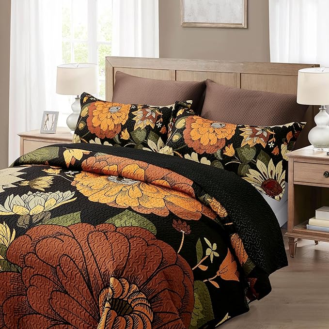 Tyrot 3 Piece Black Boho Floral Full/Queen Quilt Sets Reversible Farmhouse - Image 2