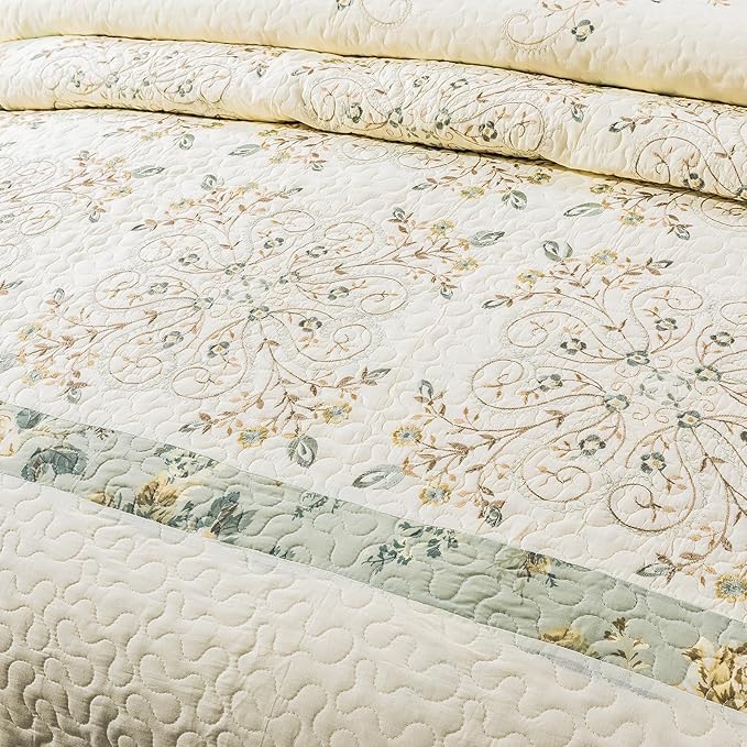 ROOMLIFE Quilt Set King Size 3D Floral Embroidery Pattern 3-Piece Cotton - Image 4