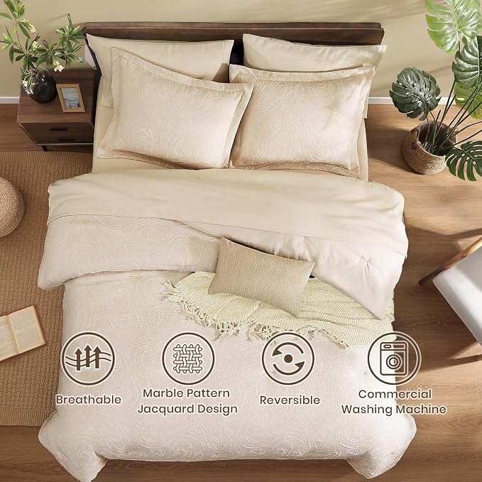 Monbix Full Size Comforter Set, Birch Marble Pattern Bedding Comforter - Image 2