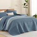 Litanika Oversized King Quilt Set Blue Linen, 128x120 Stripe Bedspread Coverlet by Litanika