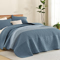 Litanika Oversized King Quilt Set Blue Linen, 120x120 Stripe Bedspread Coverlet by Litanika