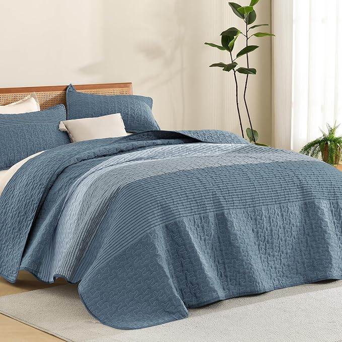 Litanika Oversized King Quilt Set Blue Linen, 120x120 Stripe Bedspread Coverlet by Litanika