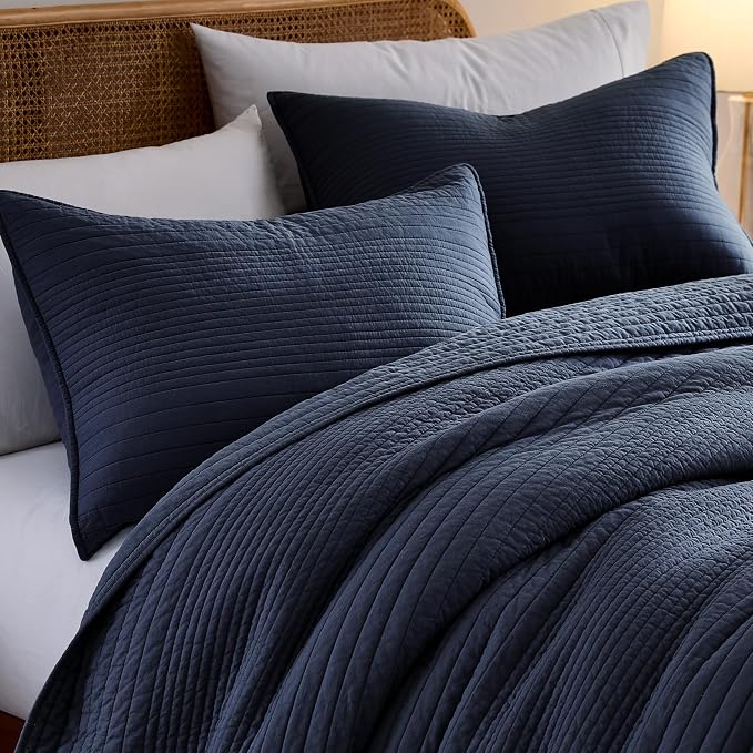 PALASSIO Striped Navy Blue 100% Cotton Quilt California Cal King Size Bedding - Image 3