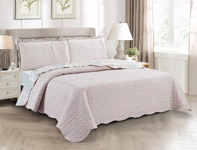 Brilliant Sunshine Rose and Sage Quilt Set, 3-Piece Bedding Sets - Image 5