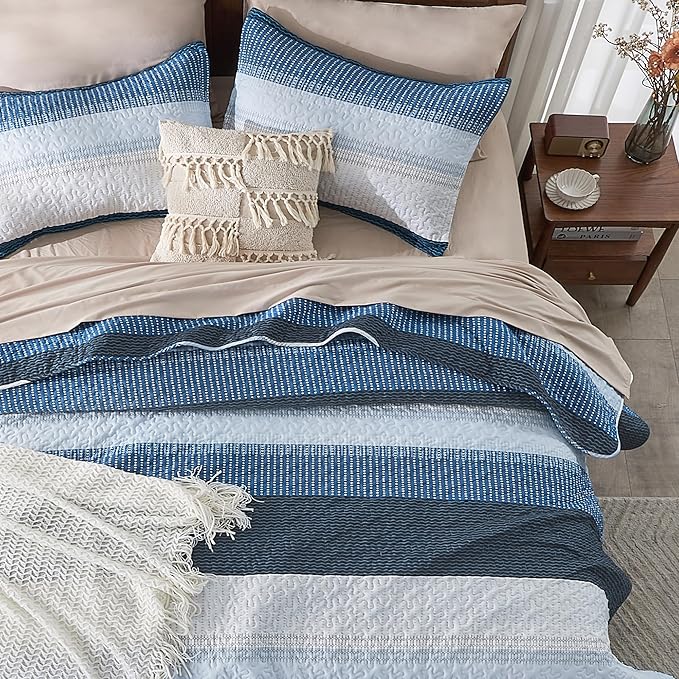 Andency Navy Blue Striped Quilt King, 3 Pieces Patchwork Bedspread Coverlet Set - Image 6