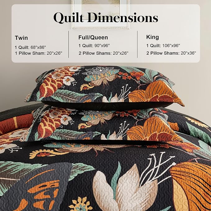 Tyrot 3 Piece Black Boho Floral Full/Queen Quilt Sets Reversible Farmhouse - Image 6