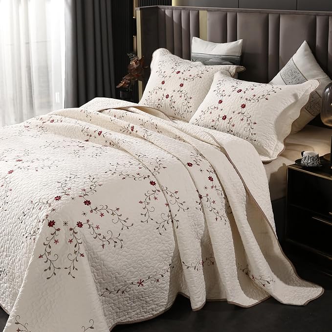 ROOMLIFE Quilt Set Floral Leaves 3D Embroidery Pattern 3 PCS Cotton Reversible - Image 2