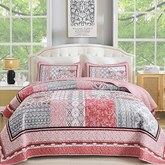 WONGS BEDDING Pink Quilt Set King Size, Bohemian Patchwork Bedspread Coverlet by WONGSBEDDING