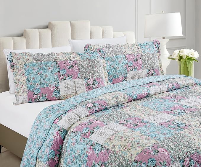 Brilliant Sunshine Lilac Rose Toile Quilt Set, 3-Piece Bedding Sets, - Image 3