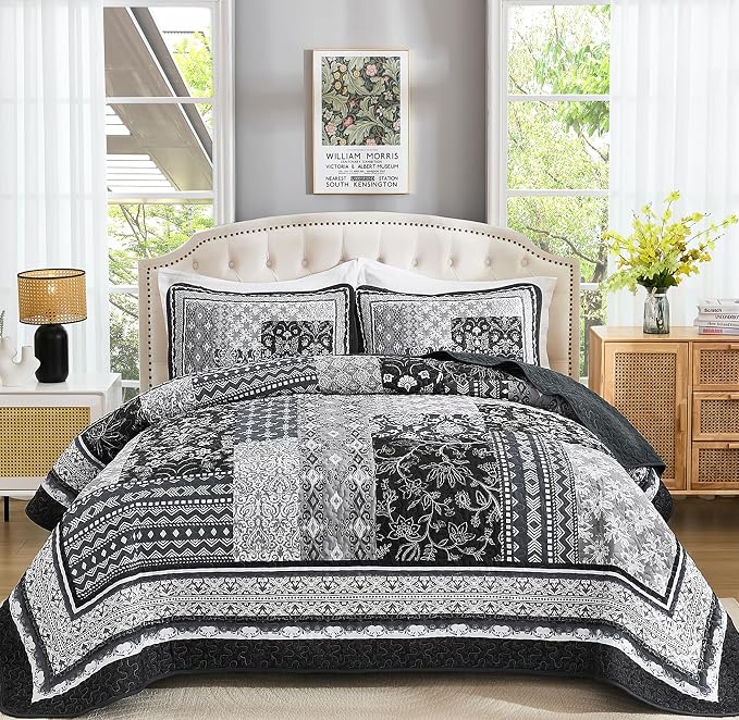 WONGS BEDDING Black Quilt Set King Size, 3 Pieces Boho Patchwork Bedspread by WONGSBEDDING