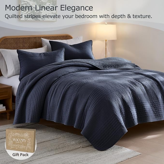 palassio Striped Navy Blue 100% Cotton Quilt Queen Size Bedding Sets, - Image 2