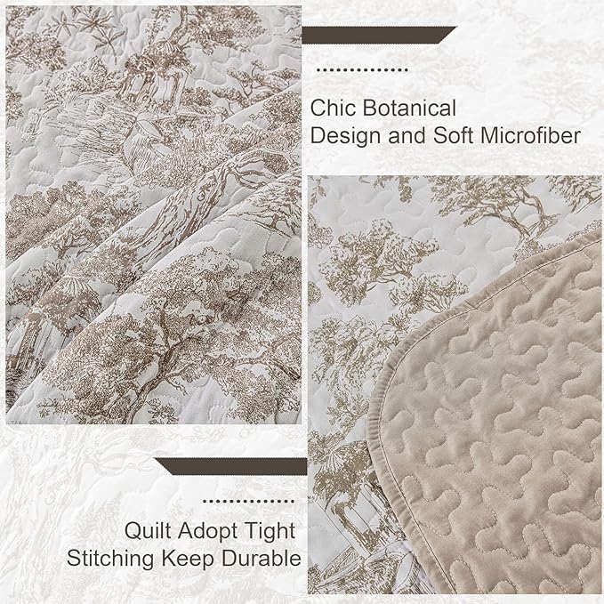 WONGS BEDDING Botanical Quilt Set Full Size, 3 Pieces Khaki Toile Floral Plants - Image 5