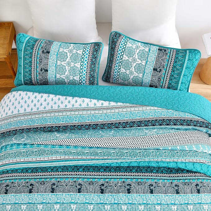 WONGS BEDDING Boho Quilt Set King Size, Teal 3 Pieces Bohemian Striped - Image 6