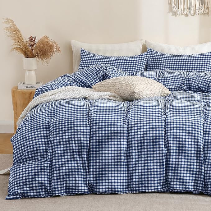 TOCOMOA Navy Blue Gingham Duvet Cover Bedding Set 100% Washed Cotton Like Linen by TOCOMOA