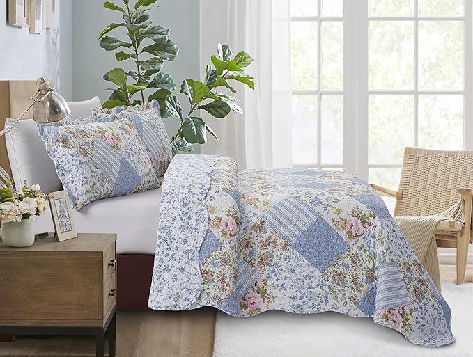 Brilliant Sunshine Blue Rose Patchwork, 3-Piece Quilt Set - Image 7