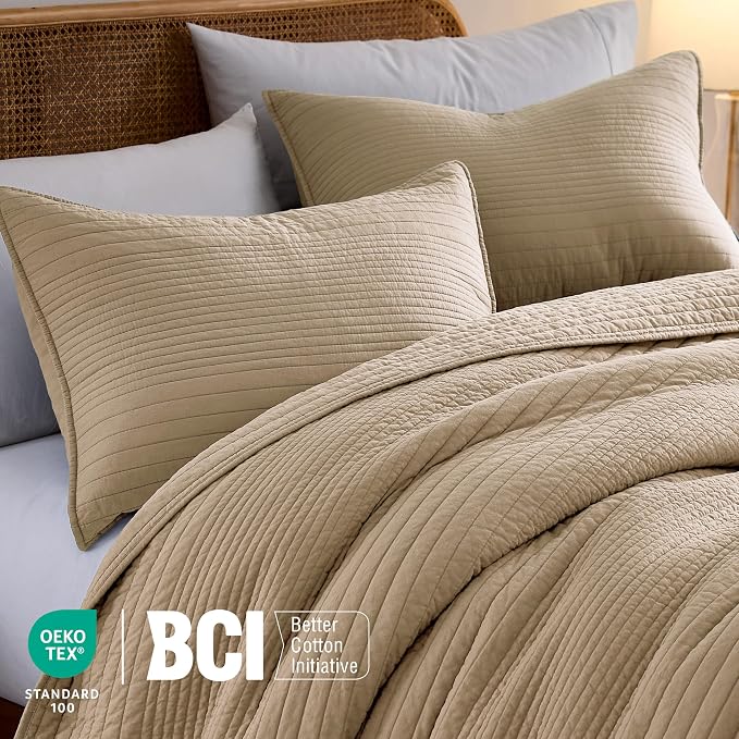 palassio Striped Dark Beige 100% Cotton Quilt Twin Size Bedding Sets, - Image 3