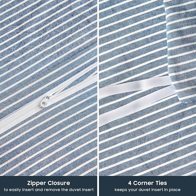 Wake In Cloud - Striped Cotton Duvet Cover Set, 100% Washed Cotton Textured - Image 7