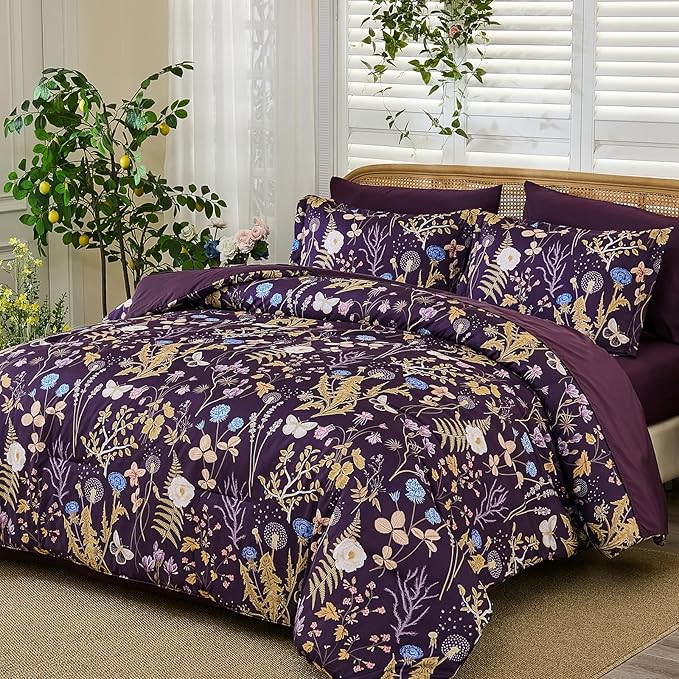 Yiran Purple Floral Comforter Set King Size, 7 Piece Botanical Comforter - Image 2