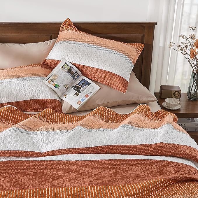 Andency Orange Quilt Queen, 3 Pieces Patchwork Striped Bedspread Coverlet Set - Image 6