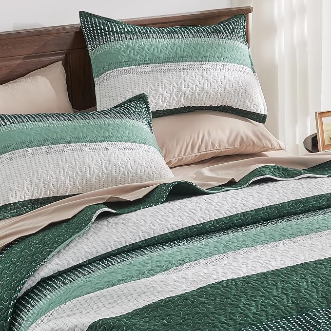 Andency Emerald Green Quilt Cal King, 3 Pieces Patchwork Striped Bedspread - Image 3