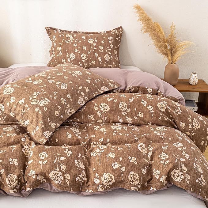 OAITE Brown Flower Queen Size Duvet Cover-3 Pieces Prewashed Cotton-Like - Image 2