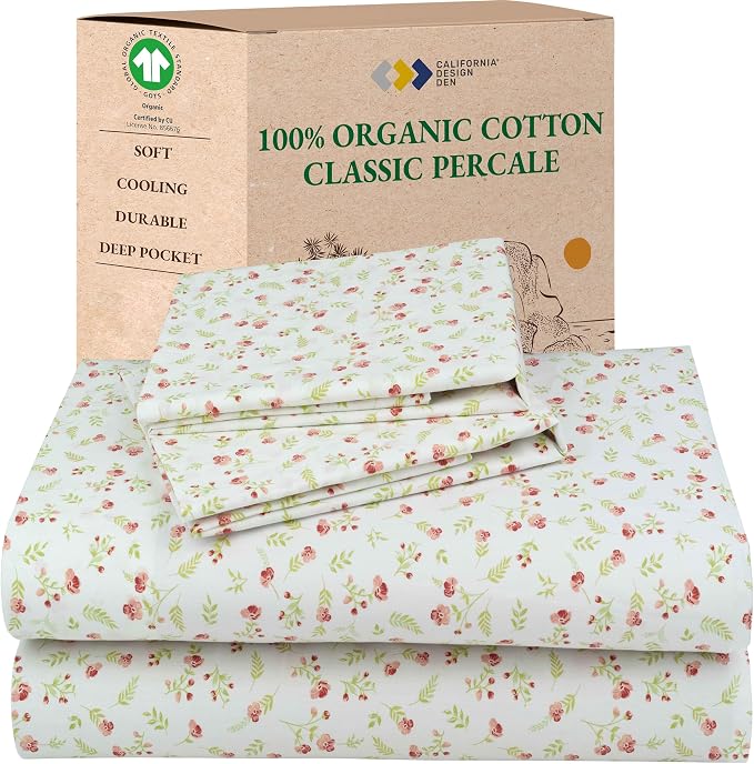 California Design Den Full Sheet Set Floral, 100% Organic Cotton Percale Sheets by CaliforniaDesignDen