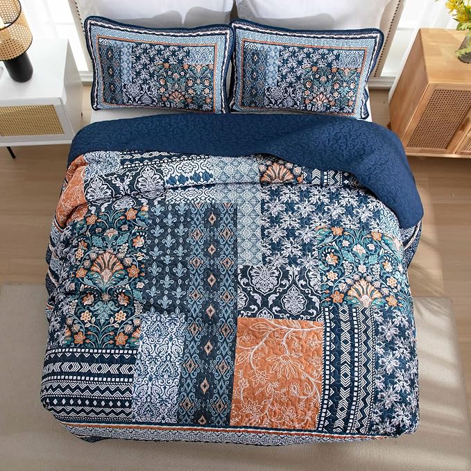 WONGS BEDDING Navy Blue Quilt Set Full Size, Bohemian Patchwork Bedspread - Image 4