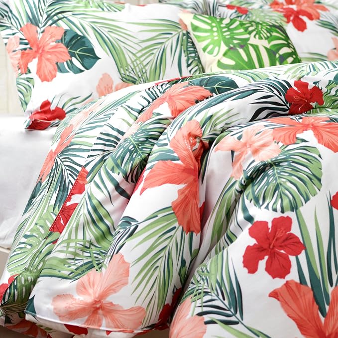 FADFAY Green Duvet Cover 100% Cotton Tropical Bedding Red Hibiscus Flower & - Image 3