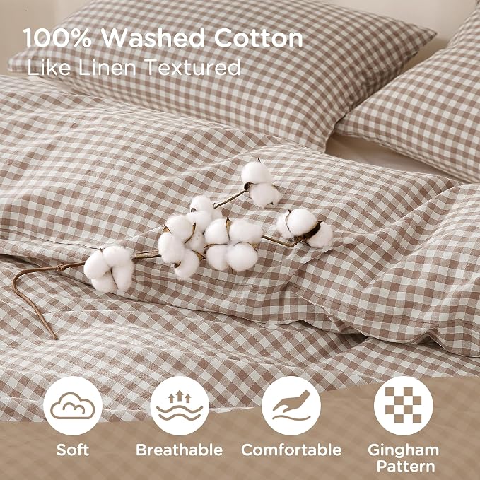 TOCOMOA Tan Gingham Duvet Cover Bedding Set 100% Washed Cotton Like Linen Feel - Image 5