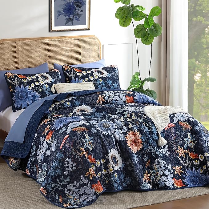 Yiran Navy Blue Sunflower Floral Quilt Set King Size, Botanical Colorful - Image 2