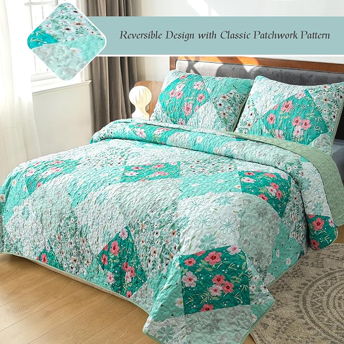Whale Flotilla Patchwork Quilt King Size, Extra Soft Boho Floral Bedspreads - Image 2