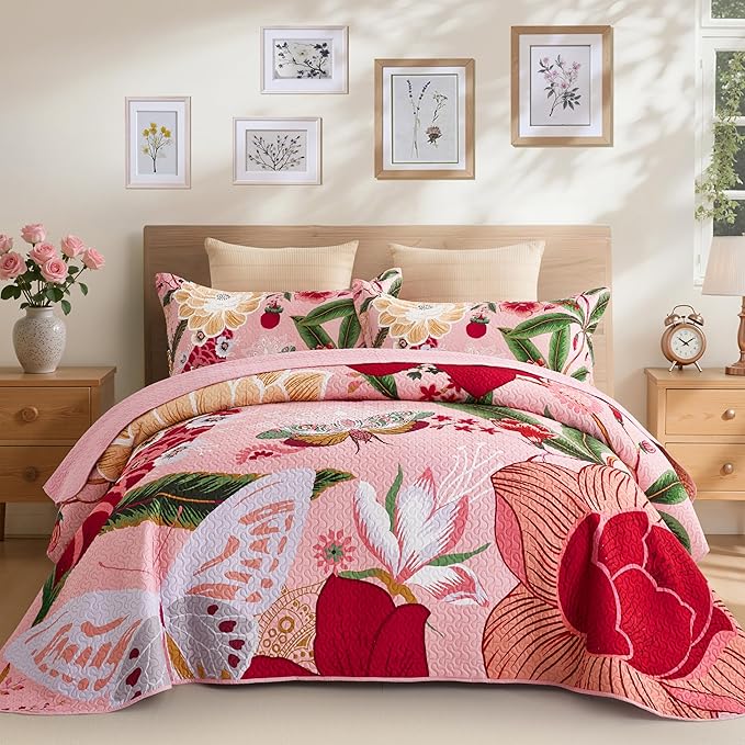Tyrot 3 Piece Pink Boho Floral Full/Queen Quilt Sets Farmhouse Botanical by TyrotHomeDecor